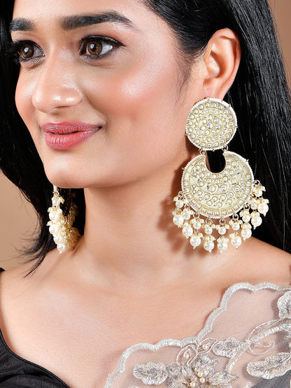 Rubans Gold Plated Handcrafted Kundan Studded White Beaded Chandbali Earrings Earrings