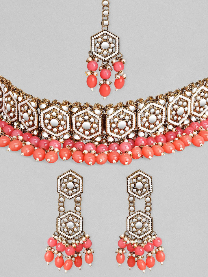 Rubans Gold Plated Handcrafted Mirror Pink Beaded Necklace Set Necklace Set