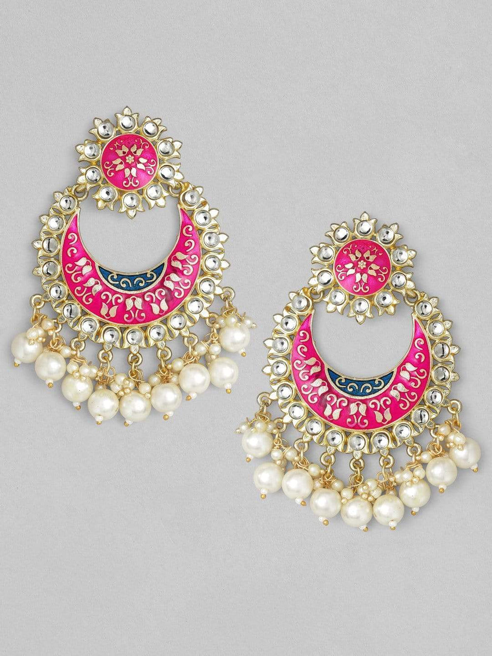 Rubans Gold Plated Handcrafted Pink Enamel Pearl Chandbali Earrings Earrings