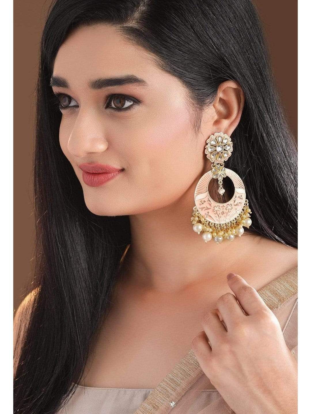 Rubans Gold Plated Handcrafted Pink Enamel Statement with Pearl Chandbali Earrings Earrings