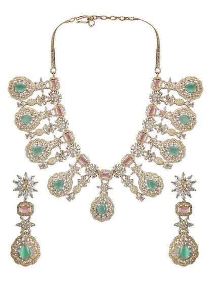 Rubans Gold Plated Handcrafted Pink &amp; Green AD Studded Necklace Set. Necklace Set