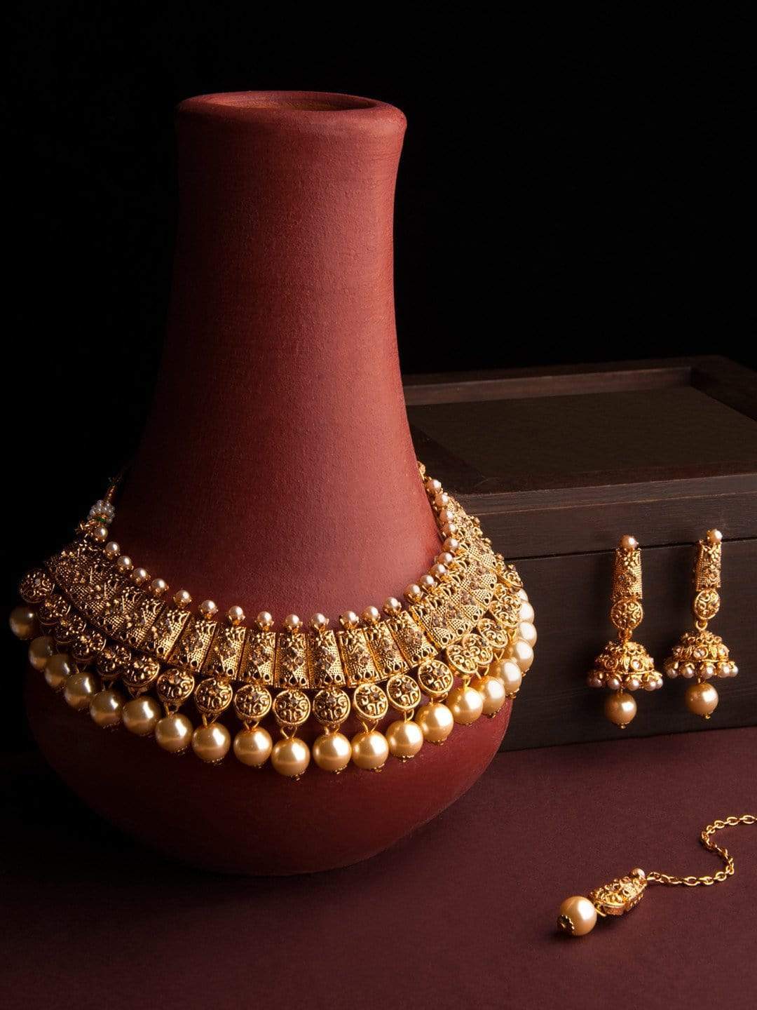 Rubans Gold Plated Handcrafted Traditional Rhinestone Necklace Set With Maang Tikka Necklace Set