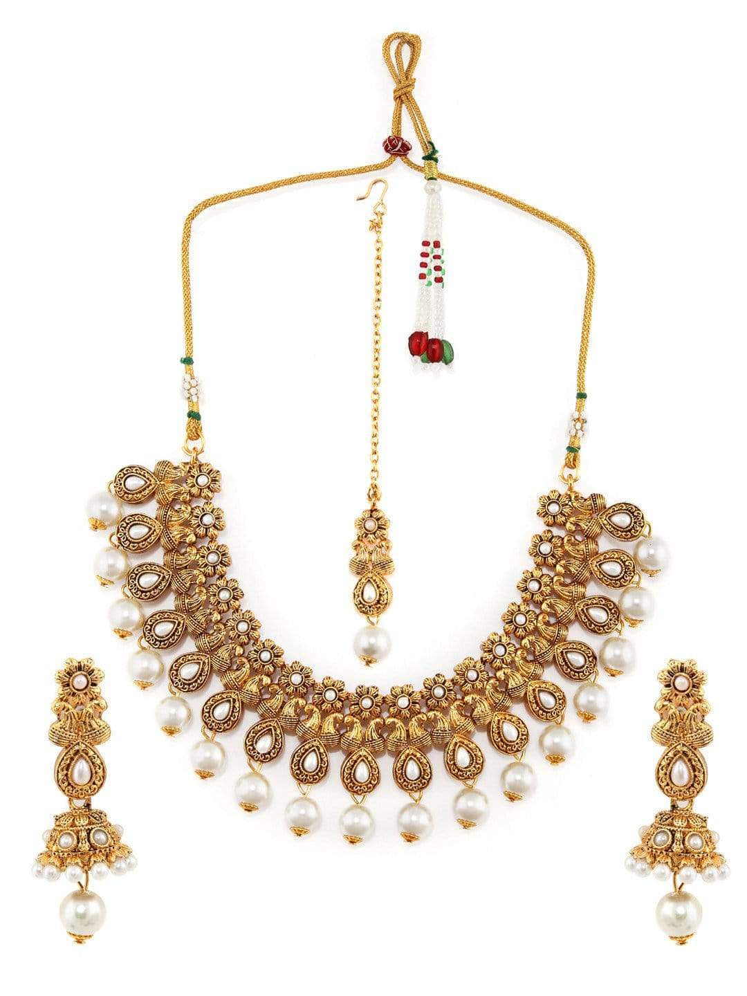 Rubans Gold Plated Handcrafted Traditional Stone Studded Necklace Set With Maang Tikka Necklace Set