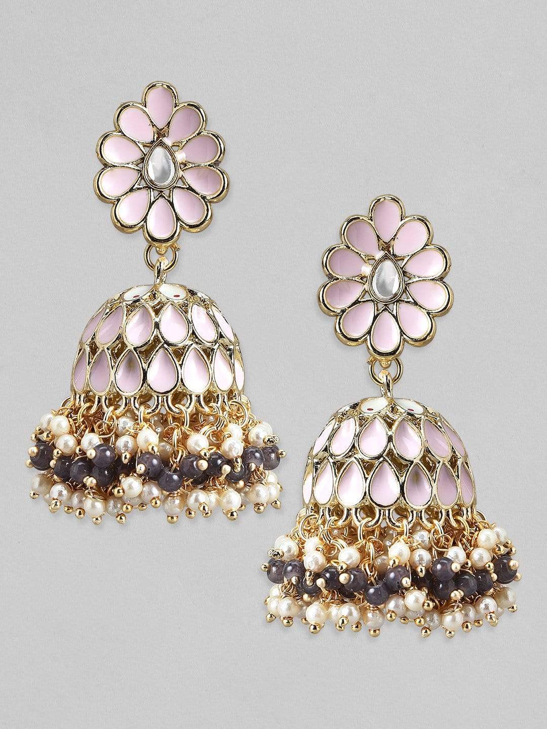 Rubans Gold Plated Handcrafted White And Blue Pearl Studded  Jhumka Earrings Earrings