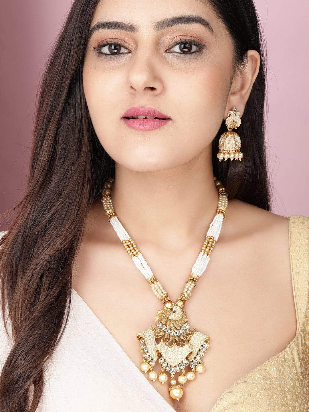 Rubans Gold Plated Handcrafted White Beads Traditional Necklace Set Necklace Set