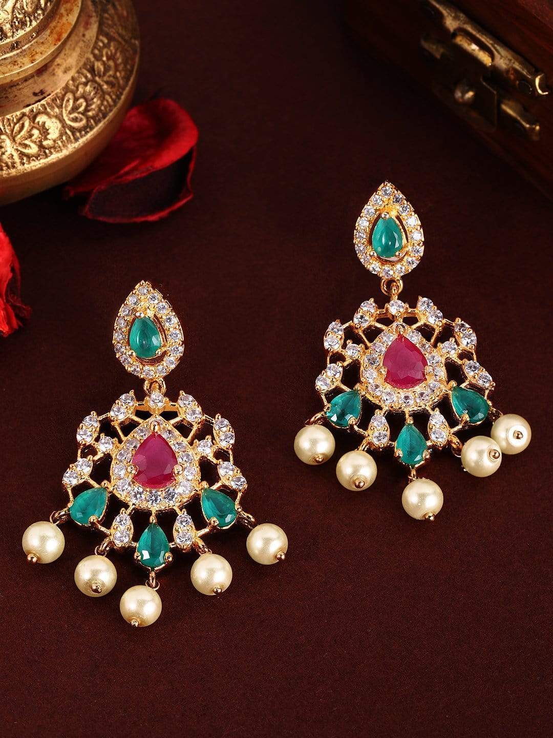 Rubans Gold Plated Handcrafted Zircon Stone & Emerald with Perals Drop Earrings Earrings