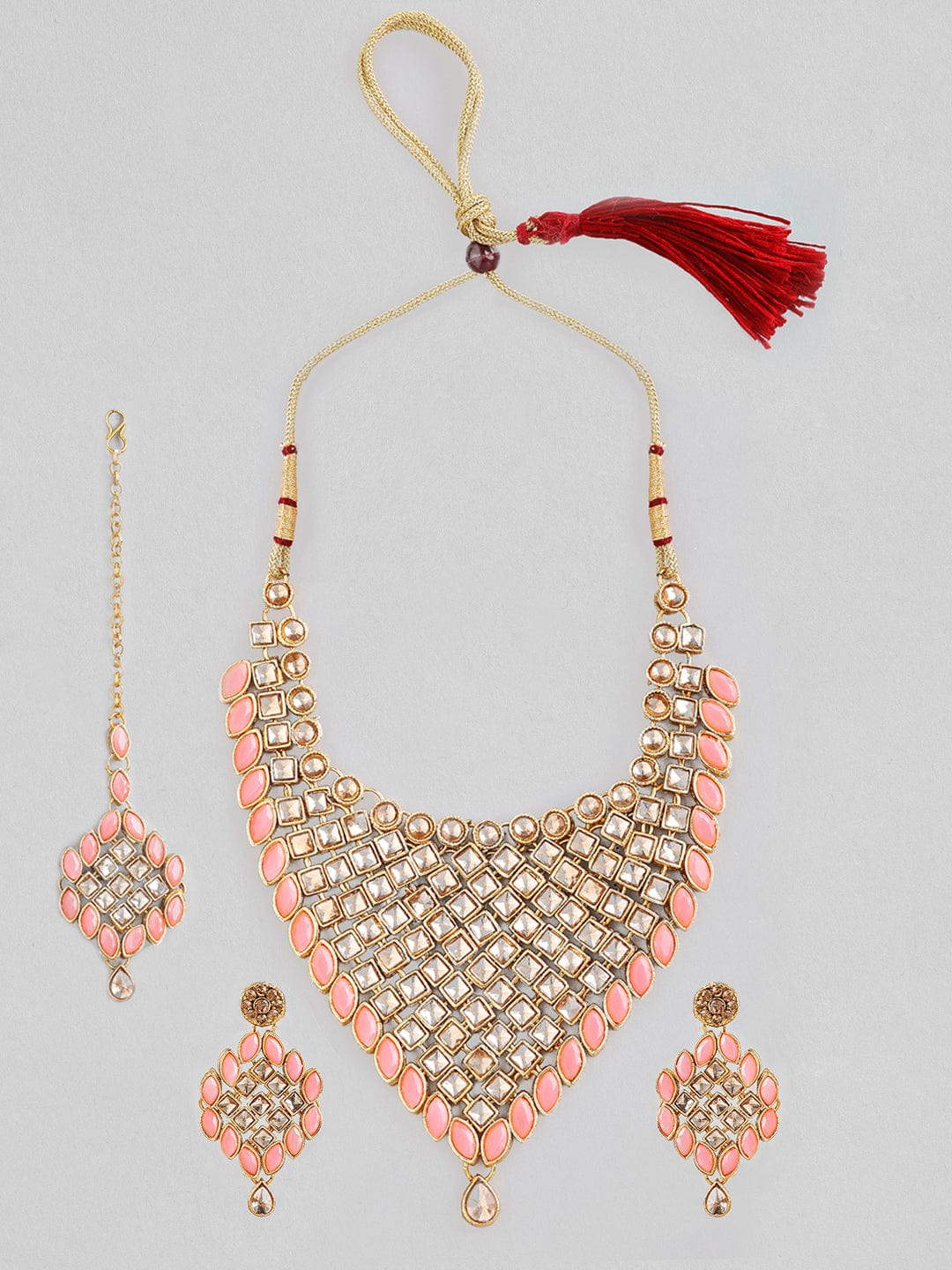 Rubans Gold Plated Kundan Necklace Set With Pink Coloured Beads Necklace Set
