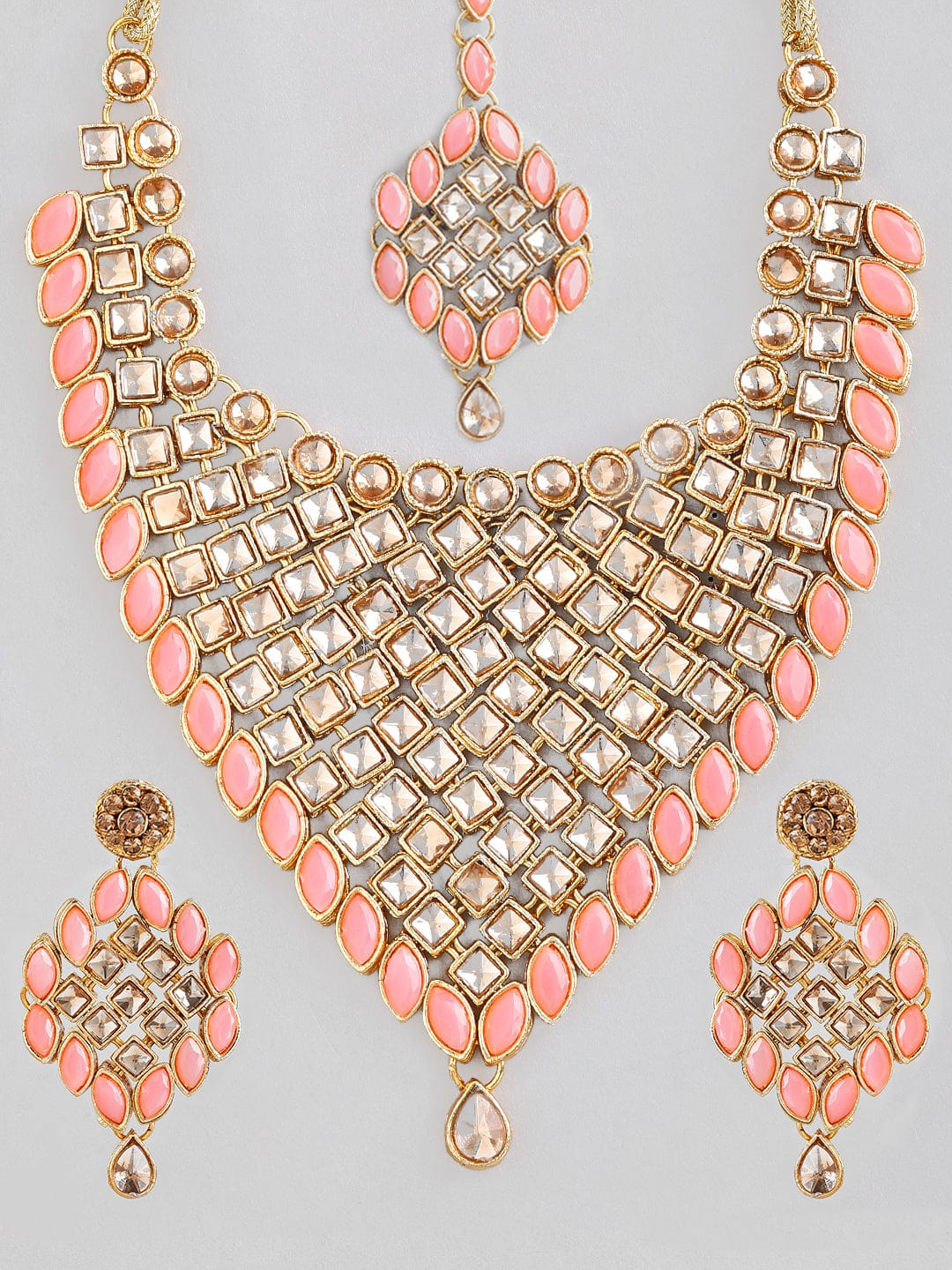 Rubans Gold Plated Kundan Necklace Set With Pink Coloured Beads Necklace Set