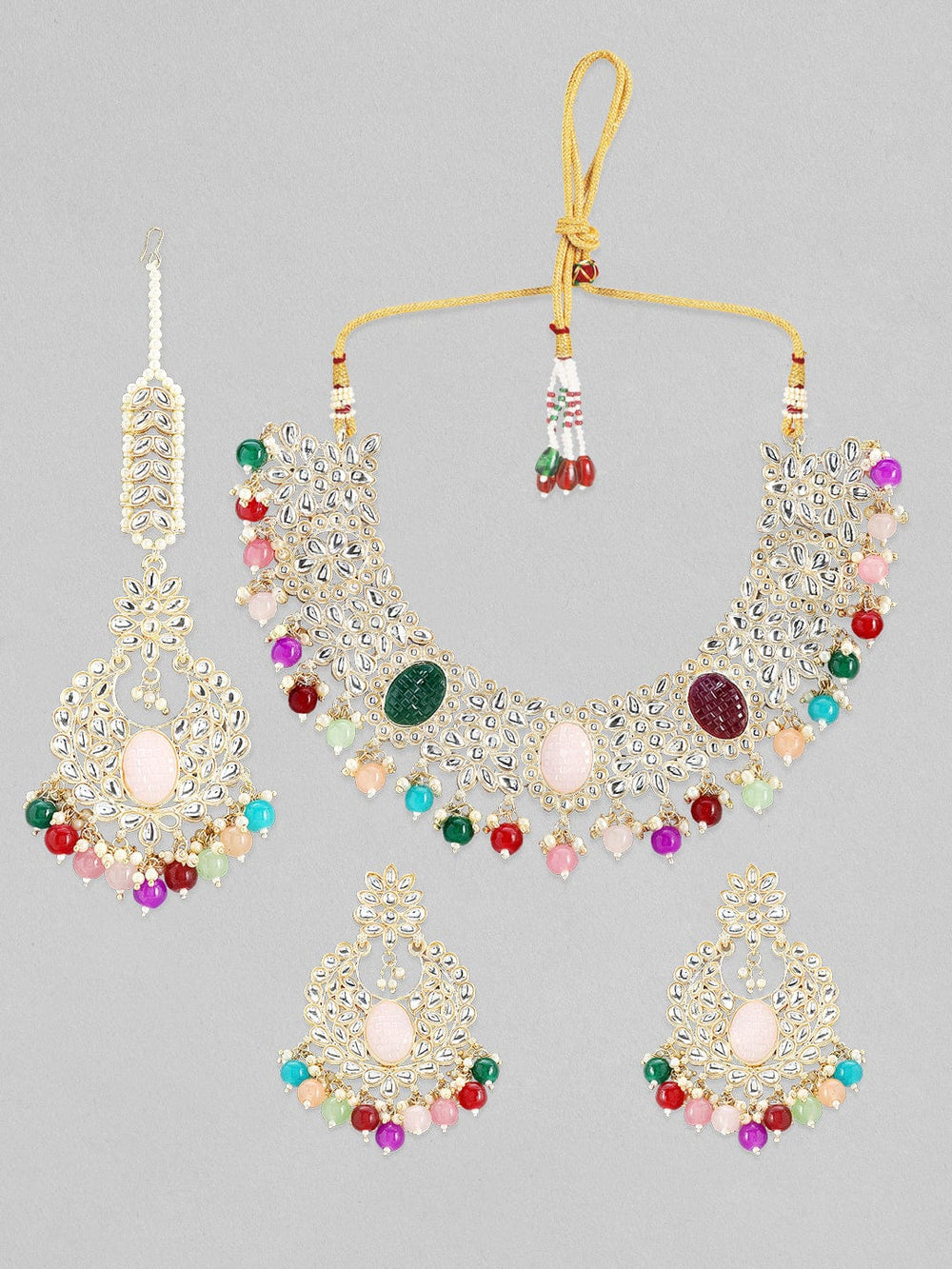 Rubans Gold Plated Kundan Studded Necklace Set With Multicolour Beads Necklace Set