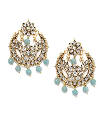 Rubans Gold Plated Kundan Studded Pastel Blue Color Beads Embellished Statement Chandbali Earrings Earrings