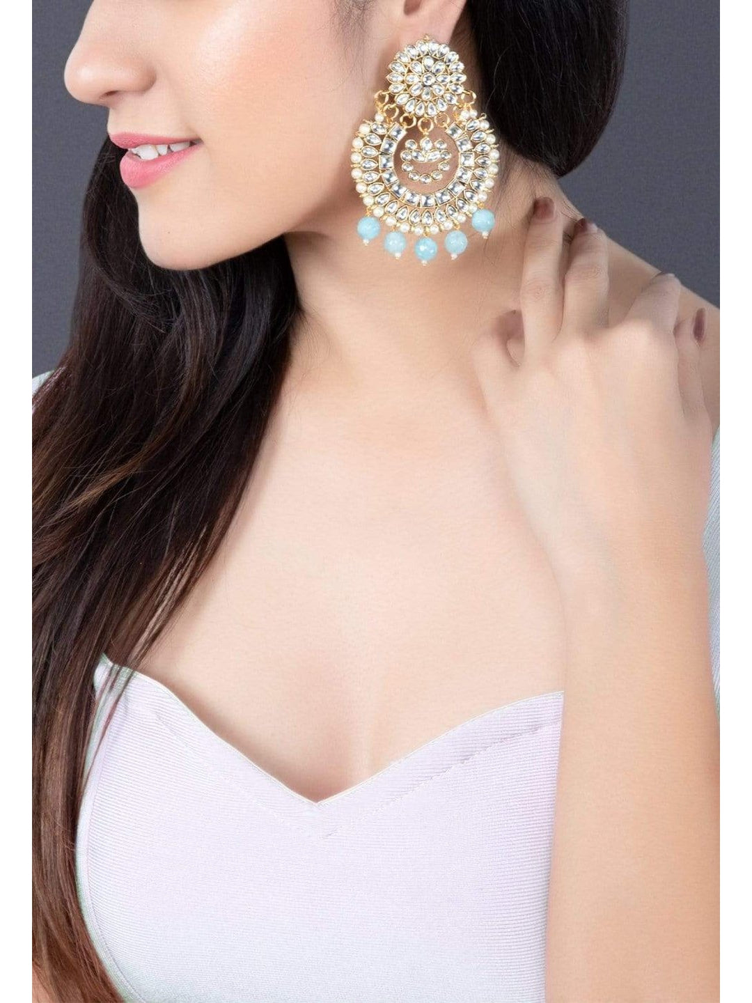 Rubans Gold Plated Kundan Studded Pastel Blue Color Beads Embellished Statement Chandbali Earrings Earrings
