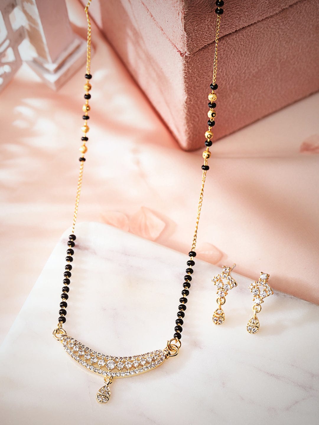 Rubans Gold Plated Mangal Sutra Set With Black Beads And CZ Stones Pendant Mangalsutra