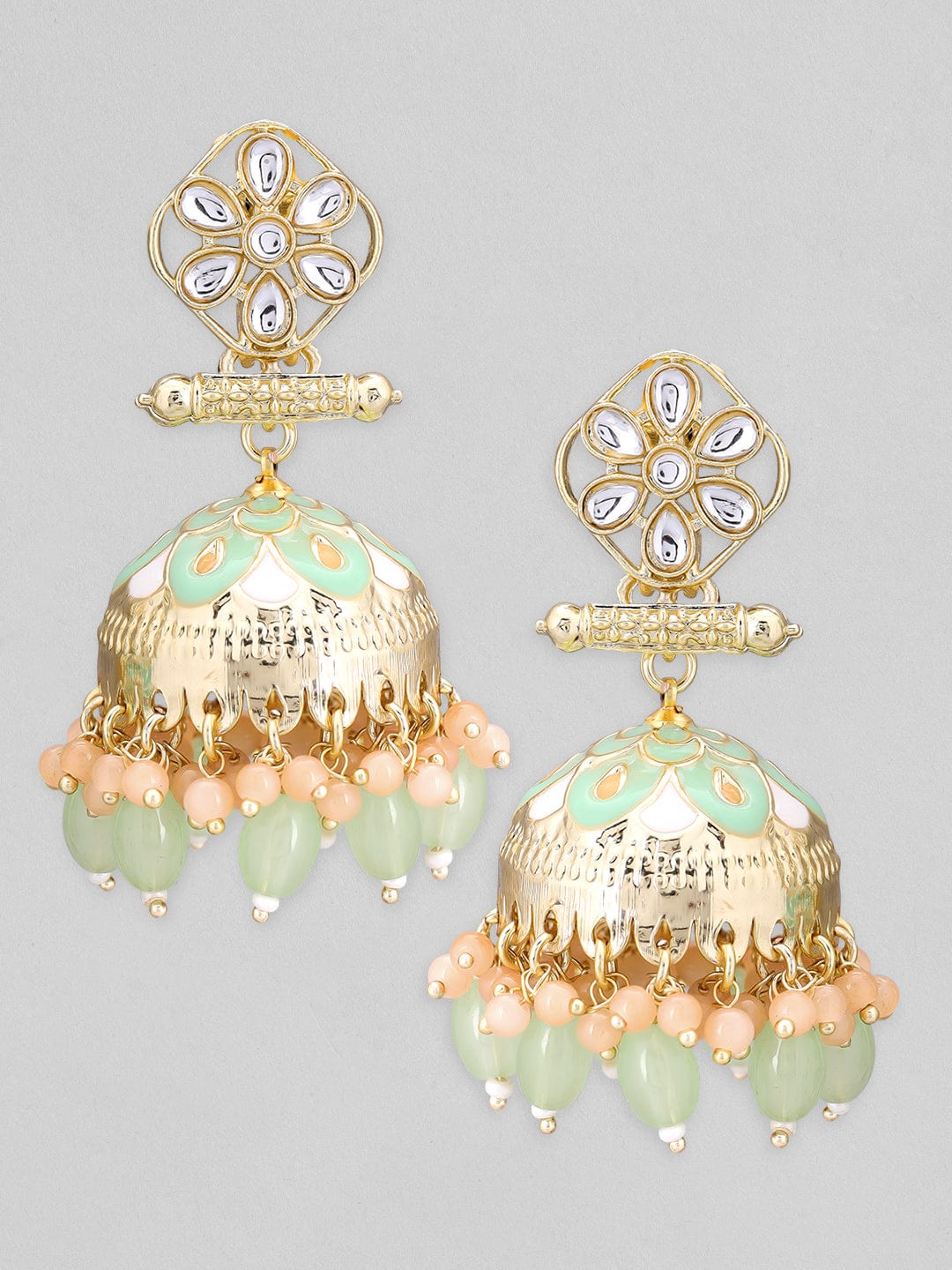Rubans Gold Plated Pastel Earrings With Mint Green Enamel, Pink And Mint Beads Earrings
