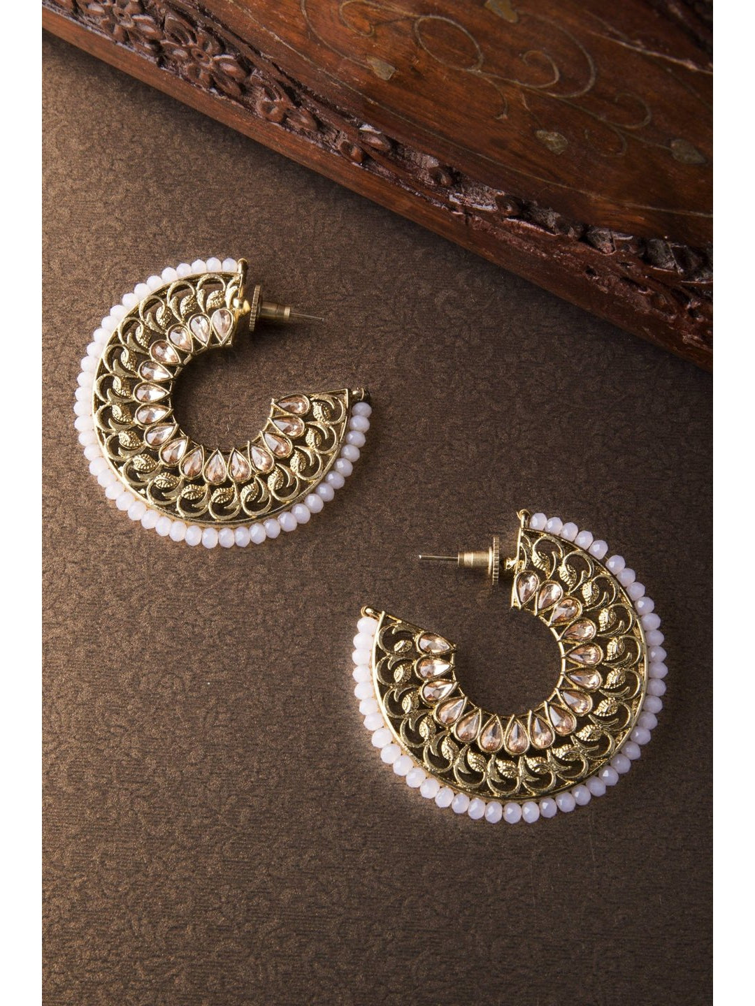 Rubans Gold Plated Patel Peach Colored Stones Studded Pearl Embellished Statement French Hoop Earrings Earrings