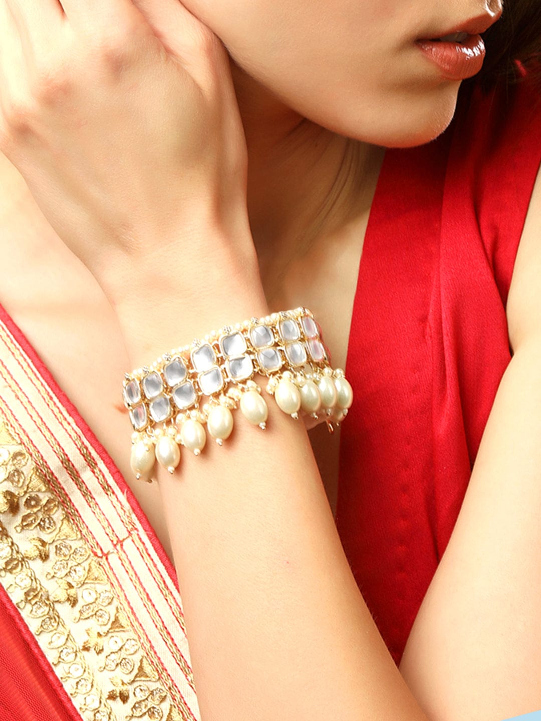 Rubans Gold Plated Pearls Studded With Kundan Bracelet Bangles & Bracelets