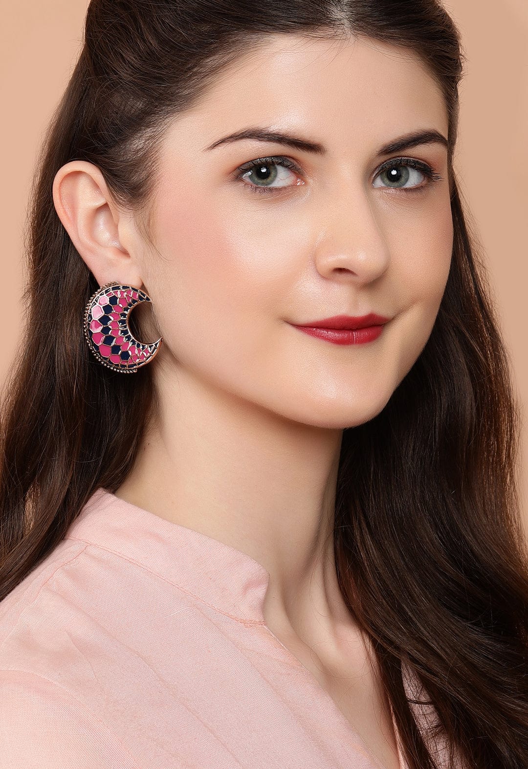 Rubans Gold-Plated  Pink Crescent Shaped Handcrafted Studs Earrings