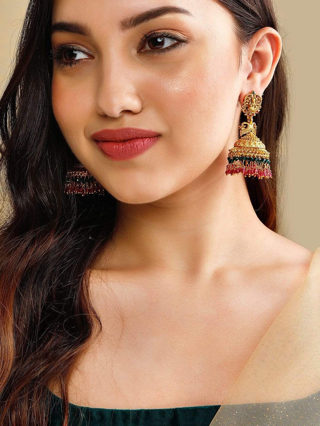 Rubans Gold Plated Pink & Green Beads Hangings Jhumka Earrings Set.