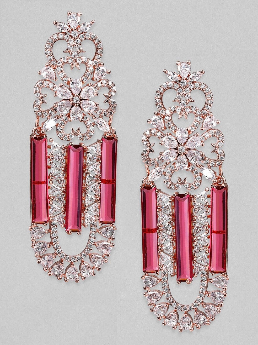 Rubans Gold Plated Pink &amp; Zirconia Stone Studded Drop Earrings. Earrings