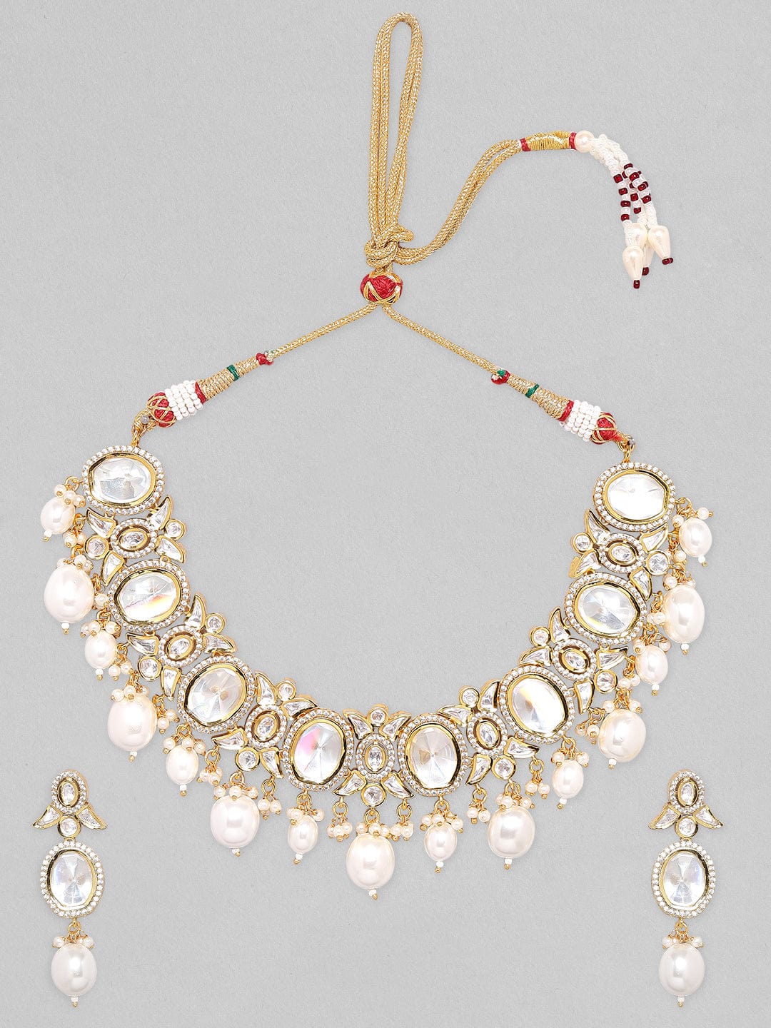 Rubans Gold Plated Polki Necklace Set with Pearl Necklace Set