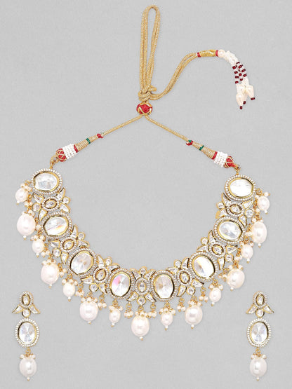 Rubans Gold Plated Polki Necklace Set with Pearl Necklace Set
