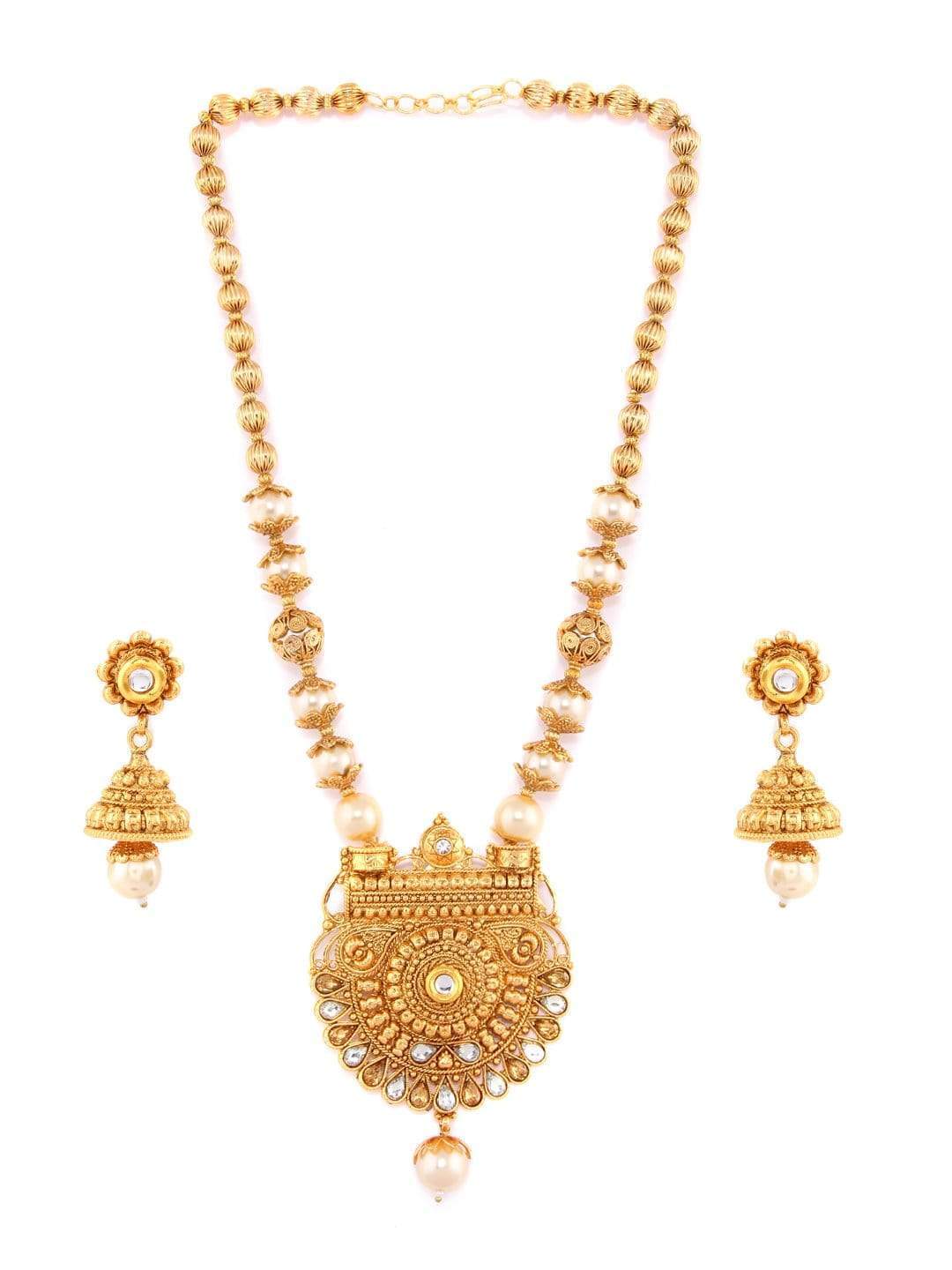 Rubans Gold Plated Traditional Handcrafted Filigree With Pearl And Rhinestone Necklace Set With Maang Tikka Necklace Set
