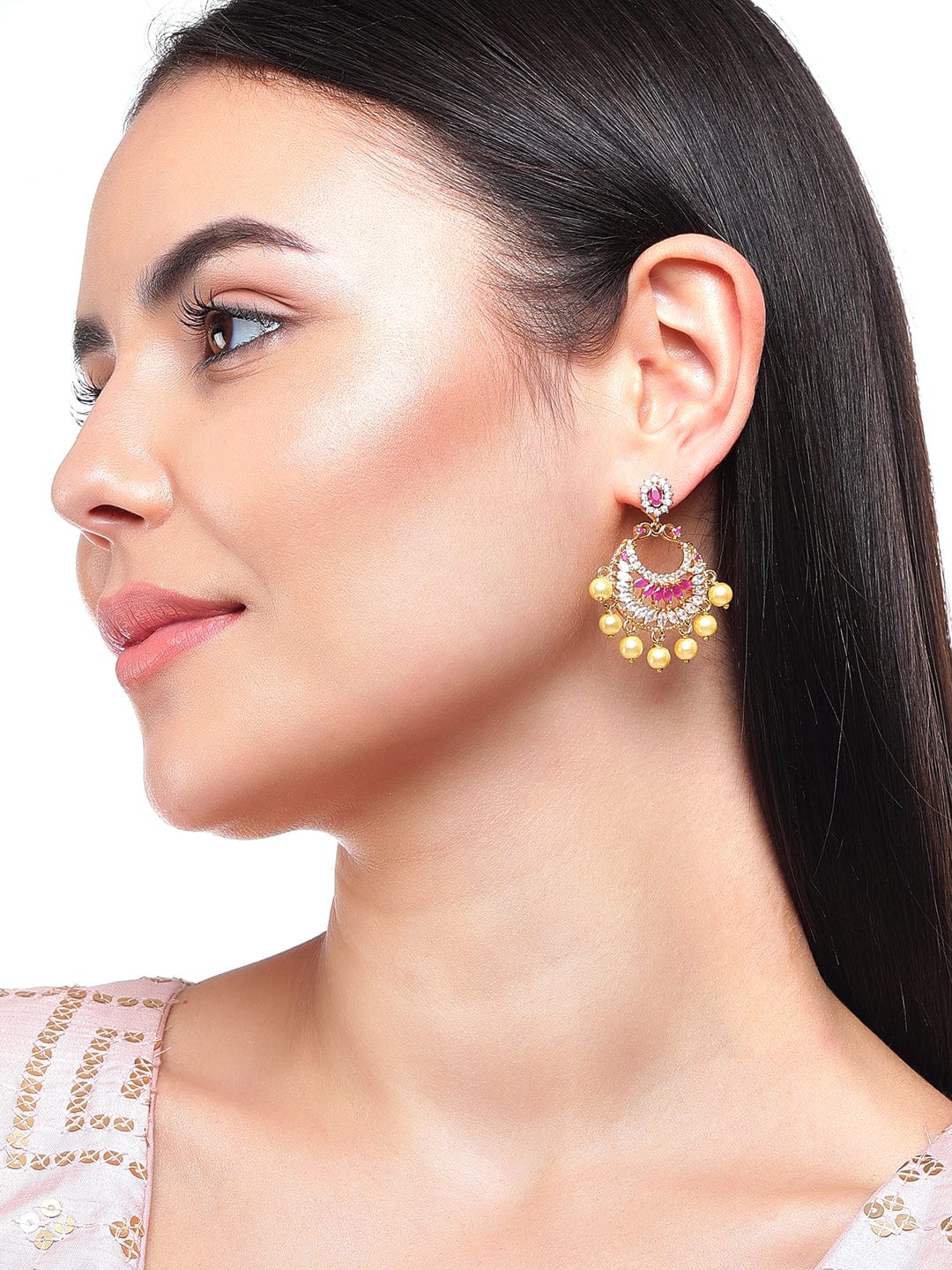 Rubans Gold Toned CZ And Ruby Studded Embellished With Pearls Chandbali Earrings Earrings