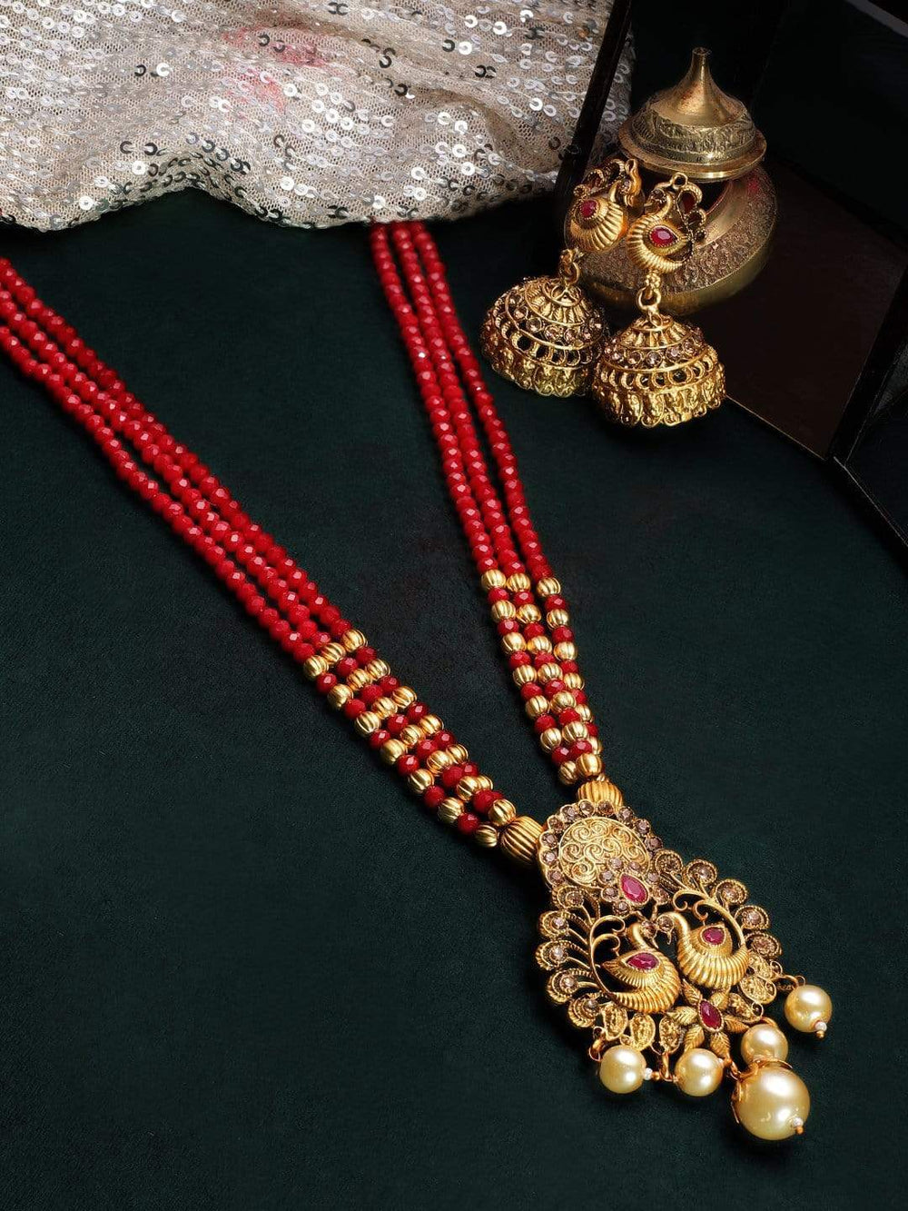 Rubans Gold Toned Faux Ruby Peacock Necklace Set Necklace Set