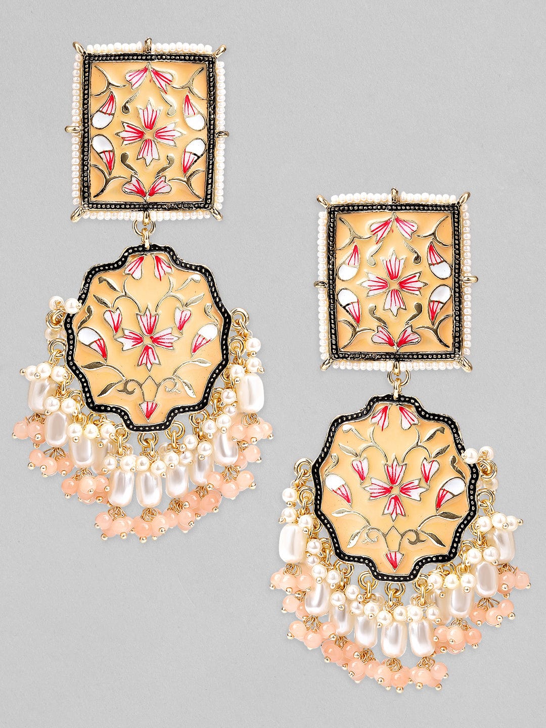 Rubans Gold Toned Handcrafted White Beaded Enameled Multicolor Floral Drop Earrings Earrings