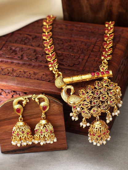Rubans Gold Toned Peacock Embellished Necklace Set Necklace Set