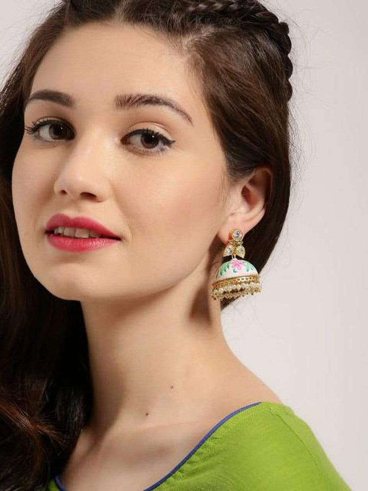 Rubans Gold-Toned & White Hand Painted Kundan Jhumkas Earrings
