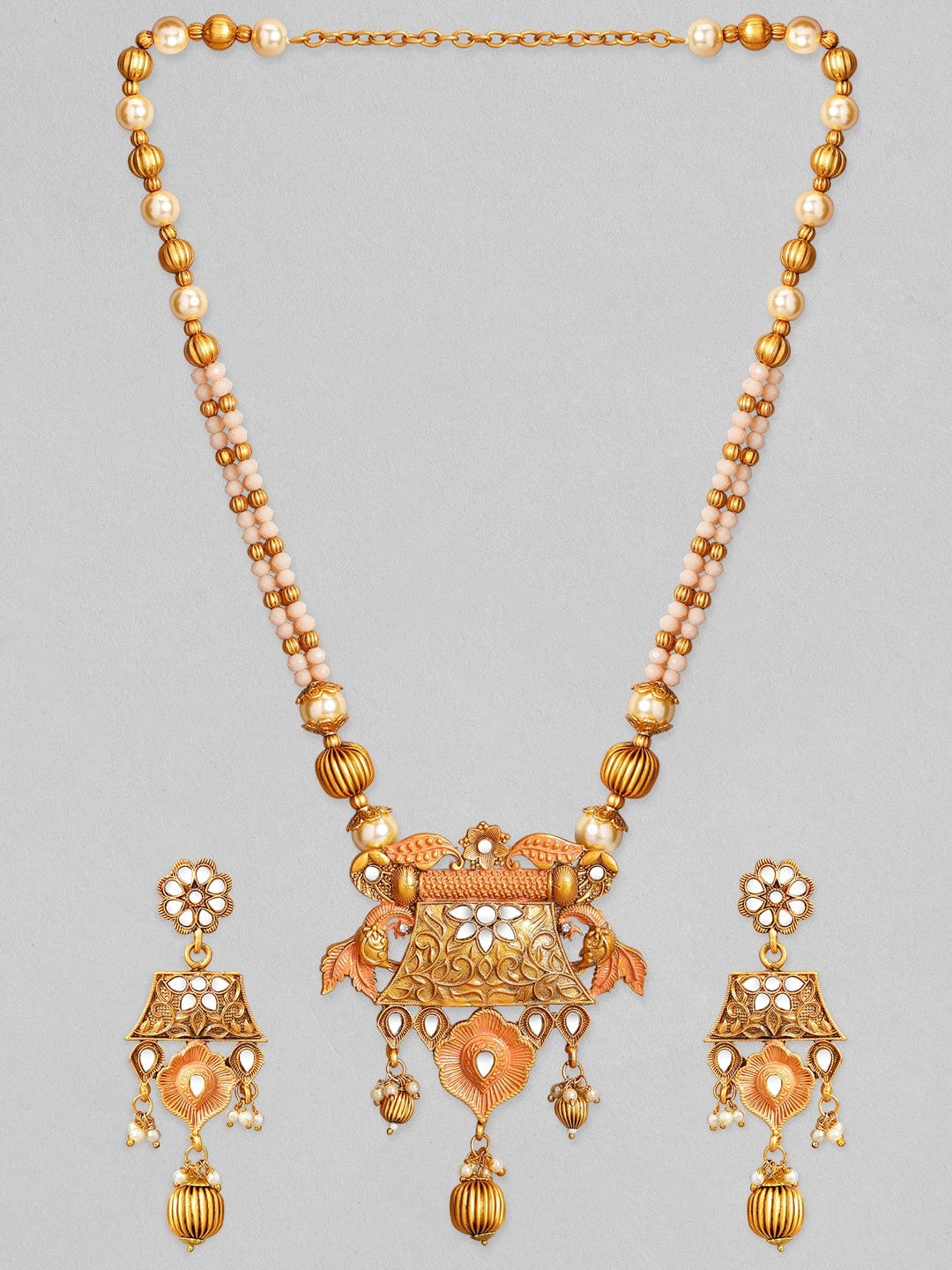 Rubans Gold & White Beaded Pink Pendant Necklace Set Necklace Set