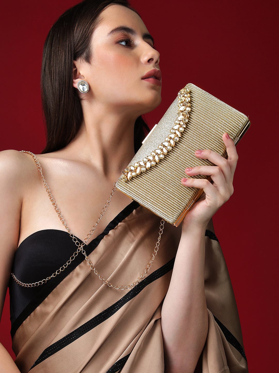 Rubans Golden Coloured Box Clutch With Studded American Diamonds Handbag &amp; Wallet Accessories