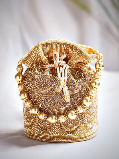 Rubans Golden Coloured Potli Bag With Golden Embroided Design. Handbag &amp; Wallet Accessories
