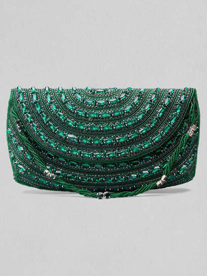 Rubans Green Colour Handbag With Embroided Green Stone Design. Handbag &amp; Wallet Accessories