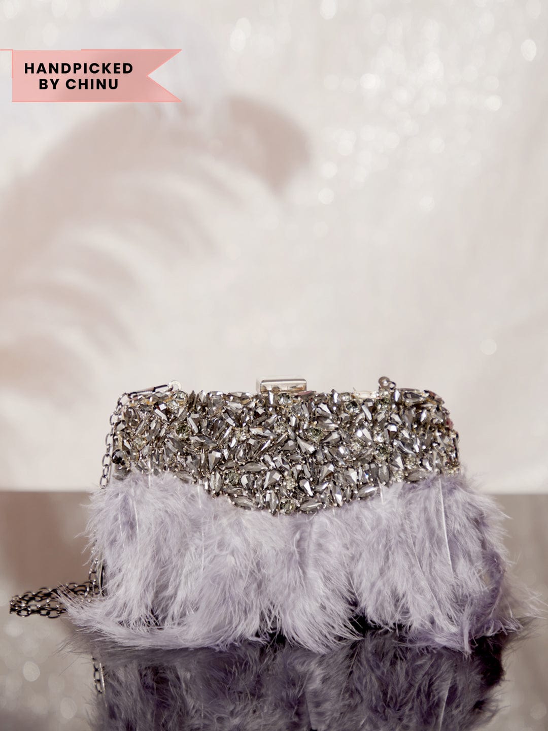 Rubans Grey Colour Clutch Bag With Studded Stone And Grey Fur. Handbag &amp; Wallet Accessories
