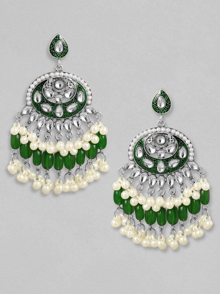 Rubans Kundan Green Enamel with Beads Silver Plated Hancrafted Chandbali Earrings Earrings
