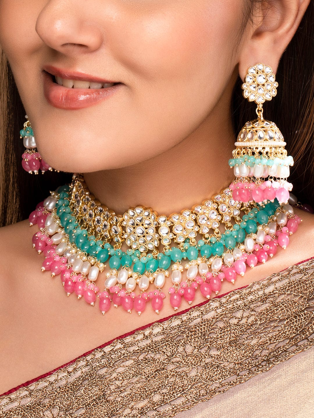 Rubans Kundan Necklace Set With Pink And Green Beads And Jhumki Earrings. Necklace Set