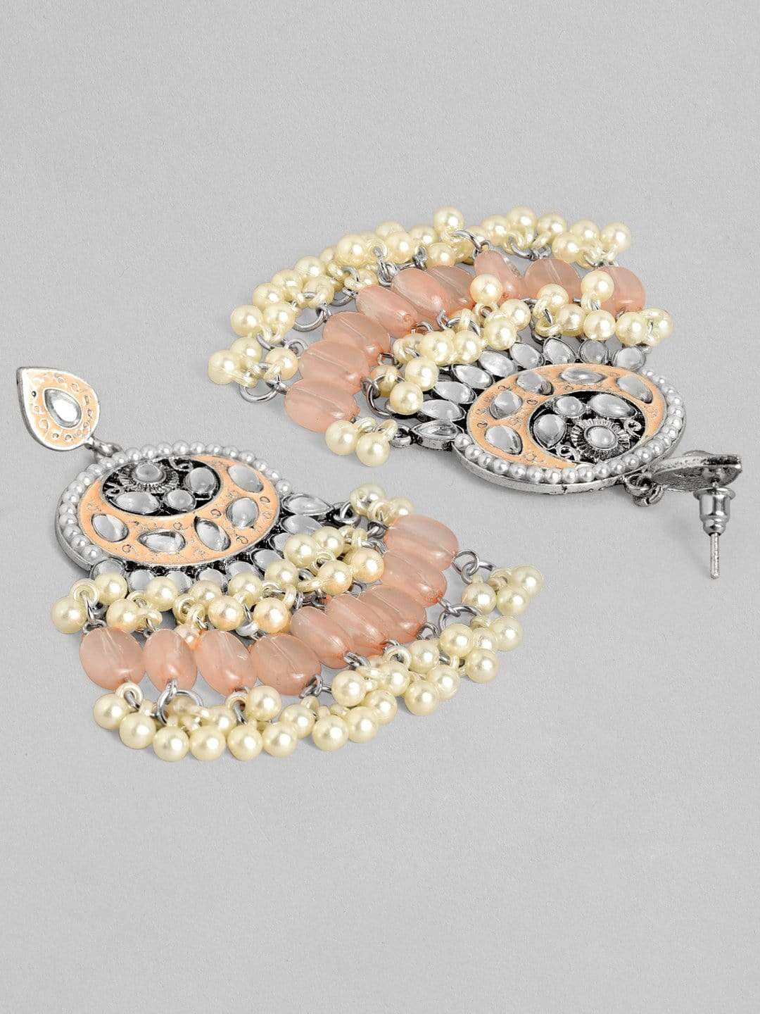 Rubans Kundan Peach Enamel with Beads Silver Plated Hancrafted Chandbali Earrings Earrings