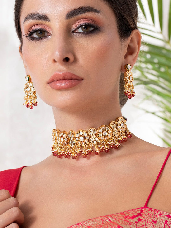 Rubans Luxury 24K Gold Plated Handcrafted Kundan Stone & Maroon Beads Necklace Set Necklace Set
