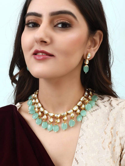 Rubans Luxury 24K Gold Plated Handcrafted Pachi Kundan &amp; Green Beads Necklace Set Necklace Set