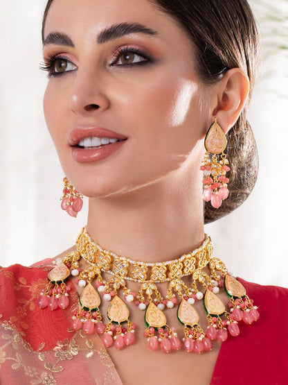 Rubans Luxury 24K Gold Plated Handcrafted Pink Enamel &amp; Pachi Kundan with Pearls Necklace Set Necklace Set