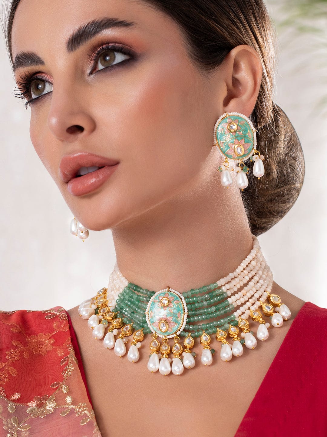 Rubans Luxury Gold Plated Enameled Kundan Studded Floral Multicolor Beaded Necklace Set. Necklace Set