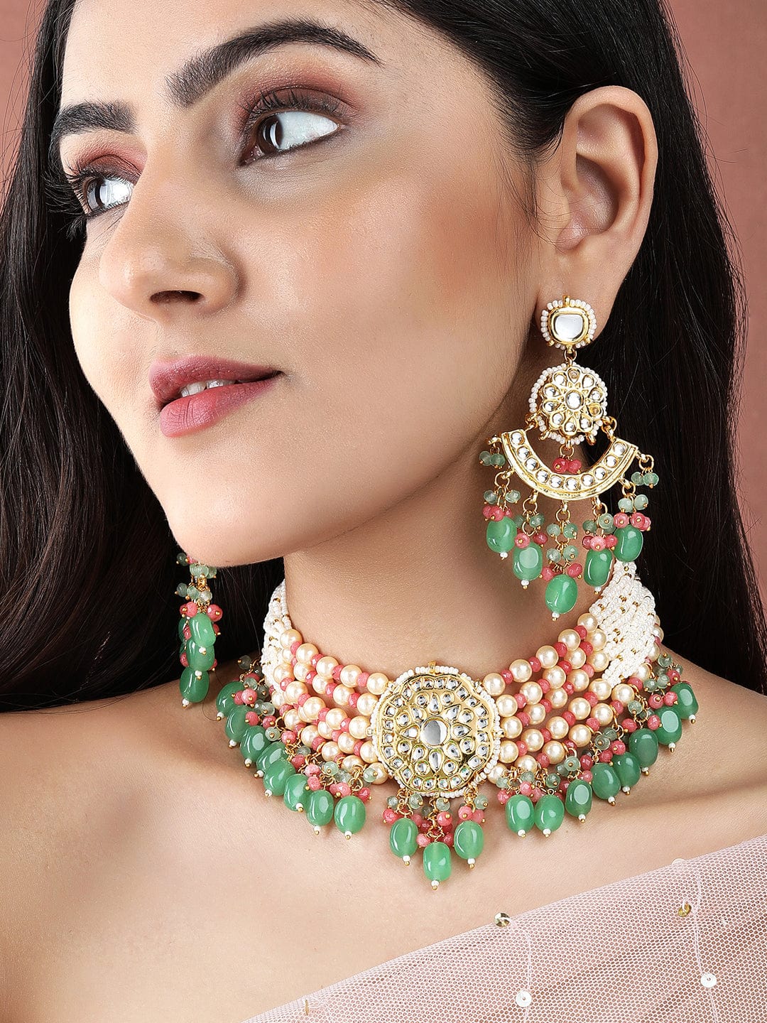 Rubans Luxury Gold Plated Green &amp; Red Beaded Kundan Necklace Set Necklace Set