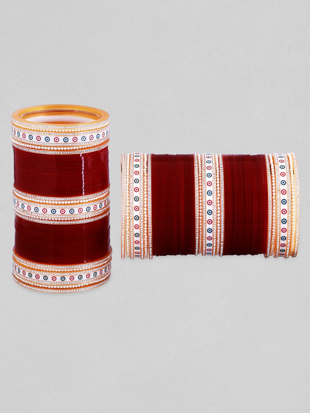 Rubans Maroon And White Chura With Pearls, White Stones And Green Design. Bangles & Bracelets