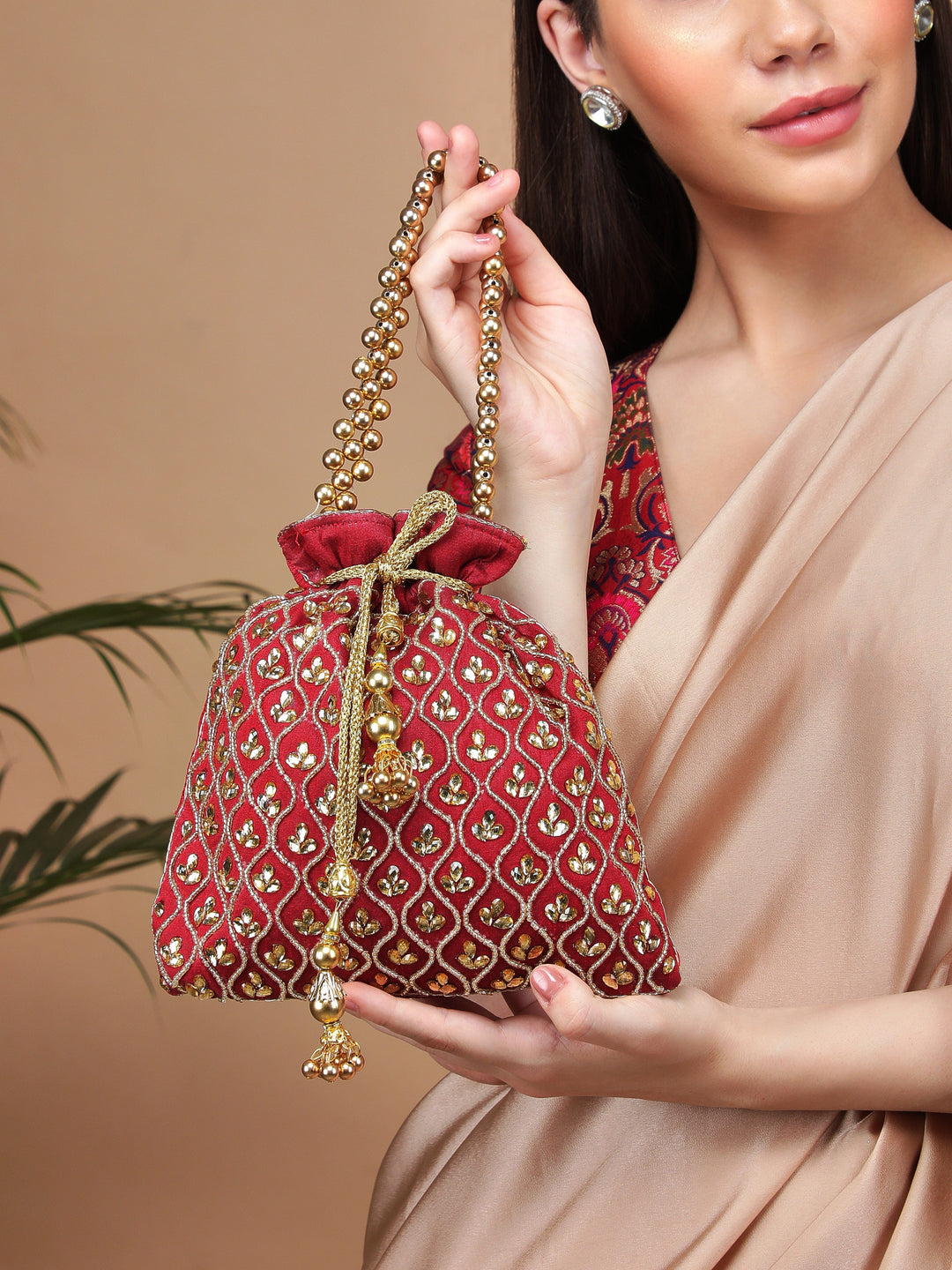 Rubans Maroon Coloured Potli Bag With Golden And White Beads Design Handbag & Wallet Accessories
