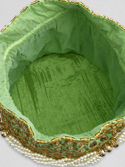 Rubans Mint Green Coloured Potli Bag With Golden Embroidery Design Handbag &amp; Wallet Accessories