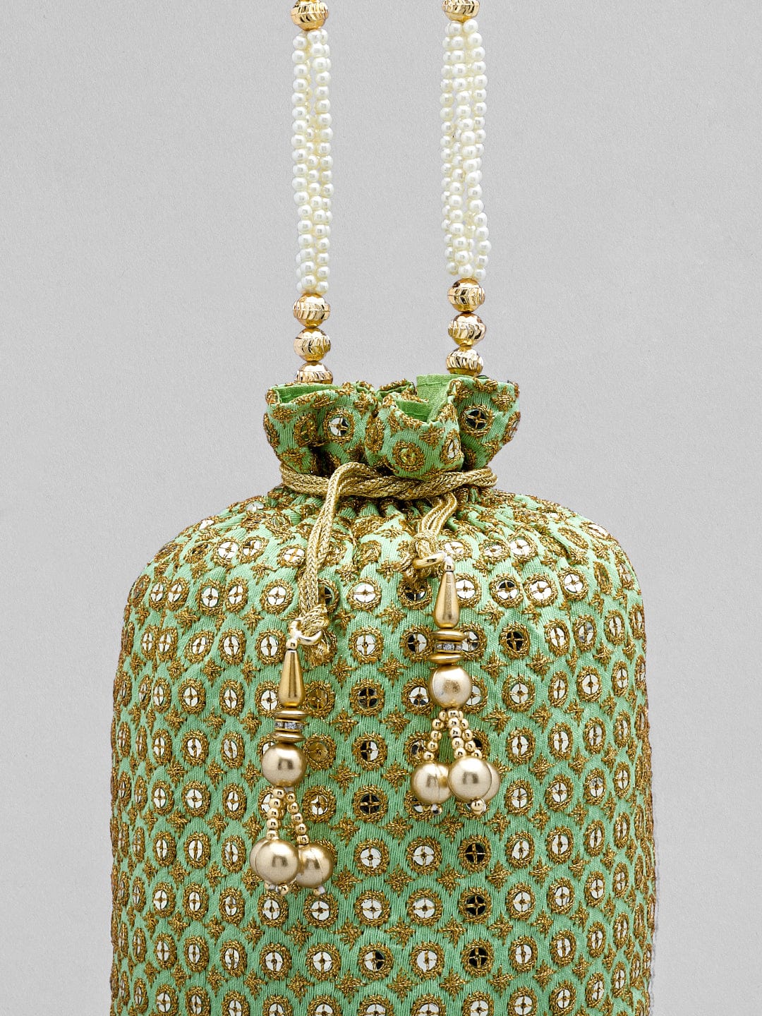 Rubans Mint Green Coloured Potli Bag With Golden Embroidery Design Handbag &amp; Wallet Accessories