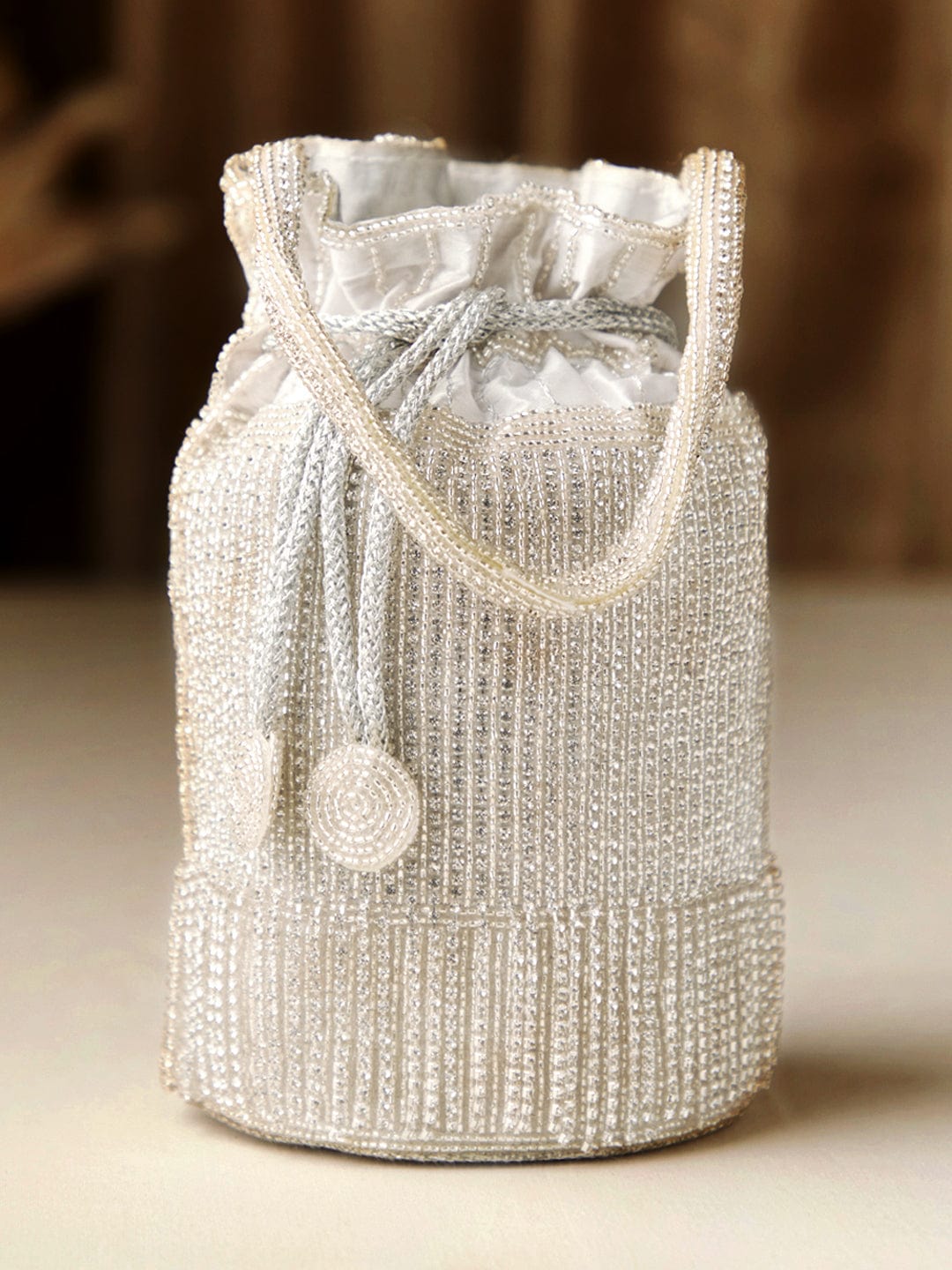 Rubans Off White Coloured Potli Bag With Embroided Design And Pearls. Handbag &amp; Wallet Accessories