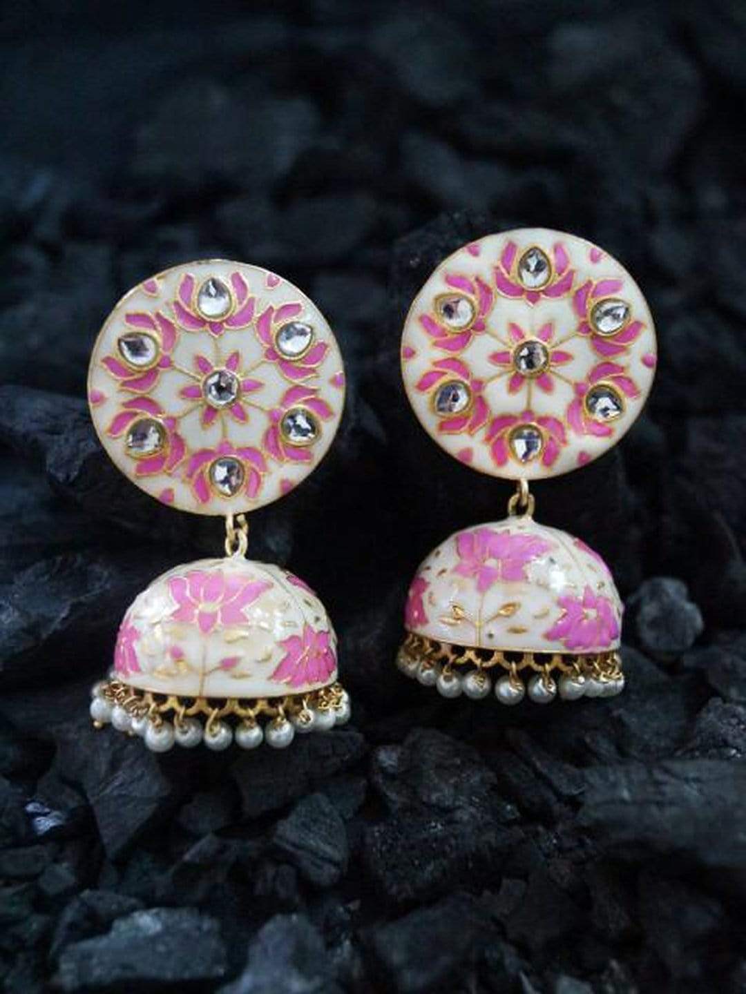 Rubans Off-White & Pink Enamel Kundan Jhumkas with Pearls Earrings