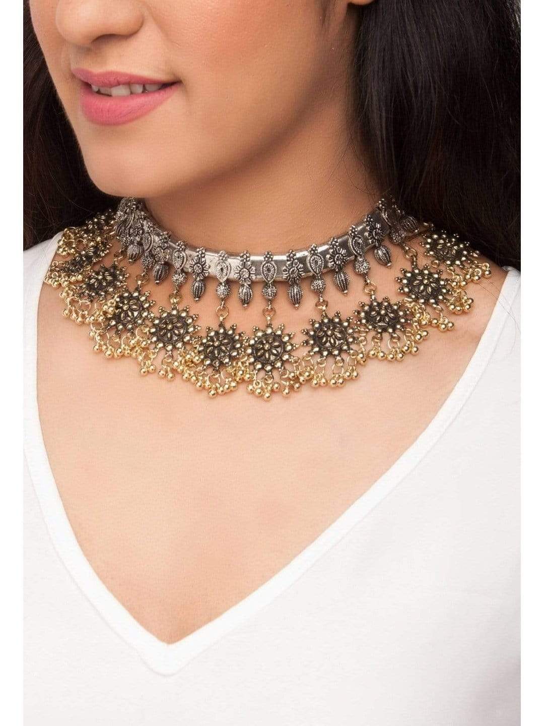 Rubans Oxidised Dual Toned Boho Necklace Chain & Necklaces